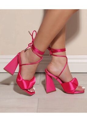Hot Pink Satin Block Heel Lace-Up Sandals